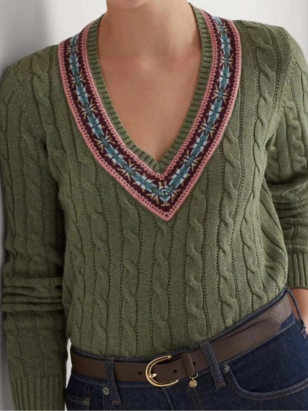 Lauren Ralph Lauren Women's Cable-Knit Cricket Sweater Green Multi V-Neck SP
